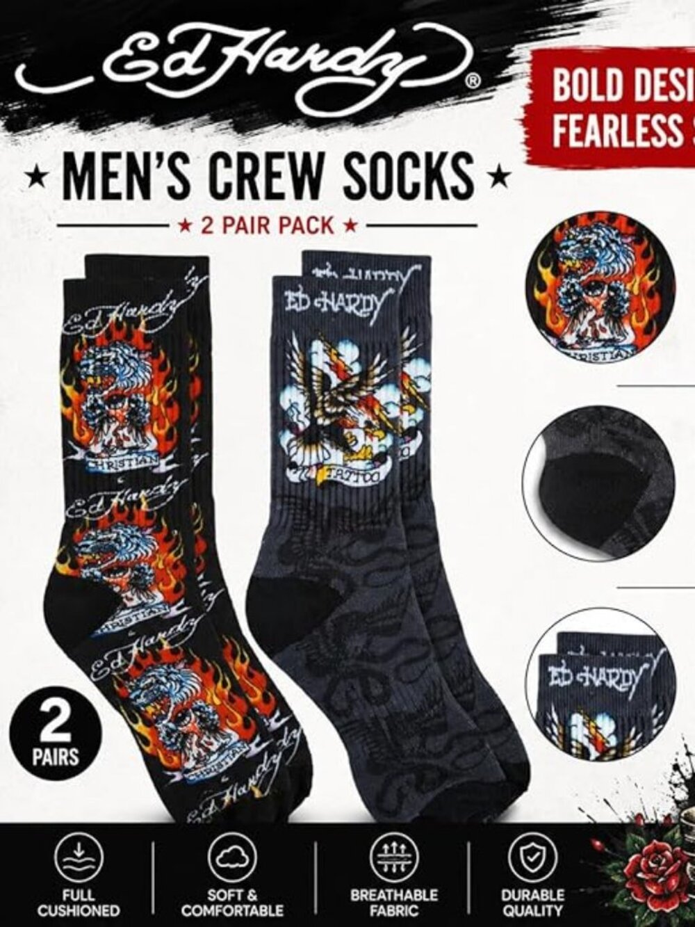 Ed Hardy Mens 2 Pair Cushioned Crew Socks